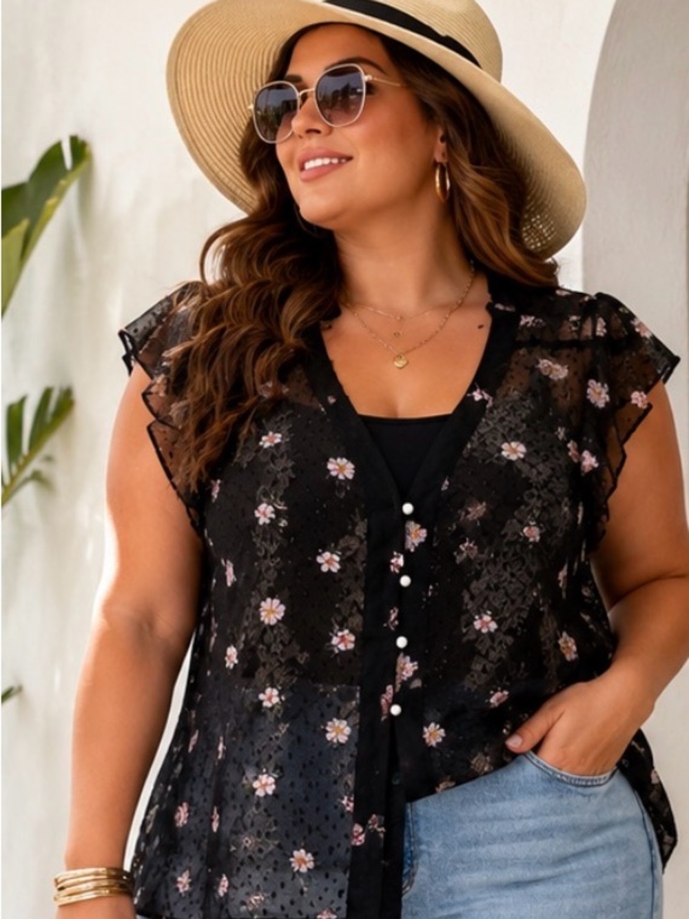 Title: Michel Studio Black Sheer Floral Pearl Button Blouse Size 18 / 3X
